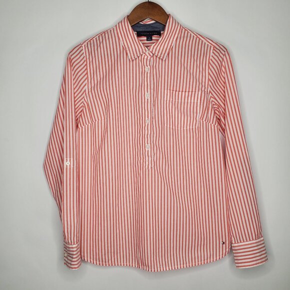 Tommy Hilfiger Womens Red White Striped Popover Blouse Size M Collared Nautical - Picture 1 of 8